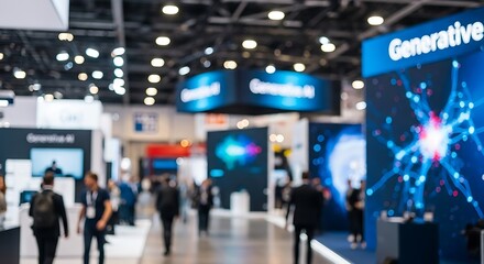 Inside a blurred convention hall, showcasing technology exhibits with vibrant displays and busy attendees.