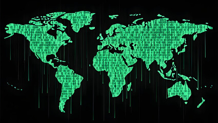 Digital World Map: A dynamic representation of the globe, overlaid with a mesmerizing pattern of binary code, signifying the digital interconnectedness of the modern world.
