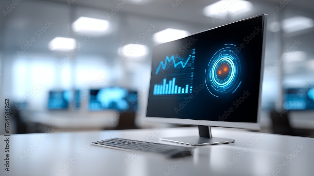 Poster comprehensive data chart displayed on a vibrant blue computer screen, detailed visualization for ind