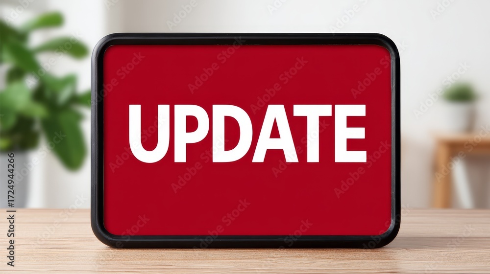 Poster software update notification, red and white alert sign for system upgrades new version availability.