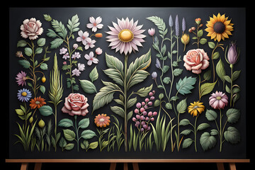 Floral Garden Showcase: A meticulously curated arrangement of vibrant blossoms and foliage, elegantly displayed on a dark backdrop, presenting a symphony of floral diversity.