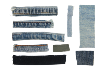 Set of denim surface pieces  isolated on white background.