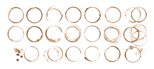 Coffee cup or tea stain drink ring vector illustration set isolated on white background. Coffee stain mark trace ring cup spot trace. Brown round splashes of drink collection.