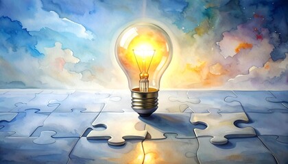 Glowing light bulb embedded in completed jigsaw puzzle—warm light on wooden surface—evokes crafted insight, symbolic synthesis, and the rhythm of realization, creativity, and problem-solving unity.