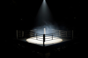 The Fight Stage: A boxing ring is illuminated by a single spotlight, creating a dramatic atmosphere of anticipation and focus. The surrounding darkness adds an air of suspense.