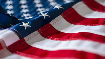 American Flag: A close-up view of the American flag, with its vibrant red and white stripes and blue field adorned with white stars, waving gently, symbolizing patriotism and freedom.