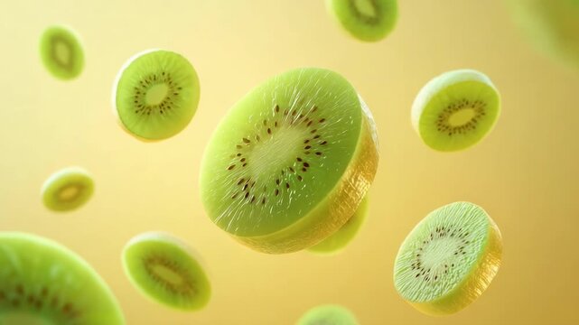 Macro close-up of bright green kiwi slices with black seeds, floating in a pale yellow background.