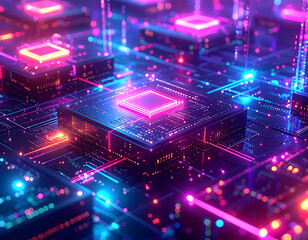 Intricate Digital Network CPU: Close-Up View of Neon Pink Blue Glowing Circuitry with Interconnected Blocks, Radiating Nodes, and Central Light for Advanced Computing Concept