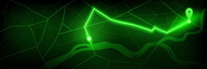 Digital GPS navigation with neon map and glowing route for location tracking. Green polygonal terrain displays bright path with pin marker. Futuristic cartography interface for apps or gaming.