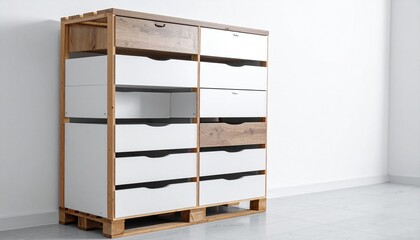 Custom cabinet made from wooden pallets—white drawers and doors integrated into natural frame—potted plants on top, minimalist backdrop—evokes crafted sustainability, symbolic utility, and the rhythm 