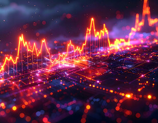 Dynamic digital cityscape at night, displaying vibrant abstract lights, overlaid with financial data visualizations including a heatmap, bar charts, and line graphs, depicting economic activity