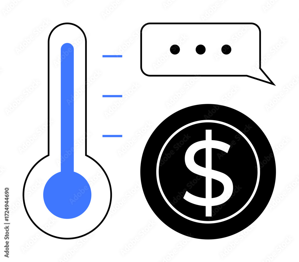 Poster thermometer with temperature lines, speech bubble with three dots, and large dollar icon. ideal for 