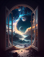 Surreal Dreamlike Celestial Window View: Wooden Floor Room Opening to Starry Sky, Colossal Saturn Planet with Rings and Moons in Cosmic Fantasy Landscape