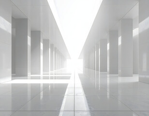 Long Modern Office Corridor Interior: High Angle View Down Hallway with Shiny Reflective Floor and Glass Partitions Creating Deep Perspective