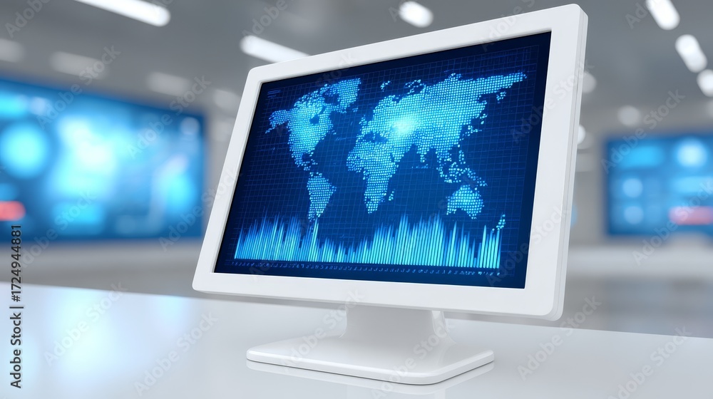 Aufkleber global connectivity, exploring the world through a computer screen displaying detailed world map.