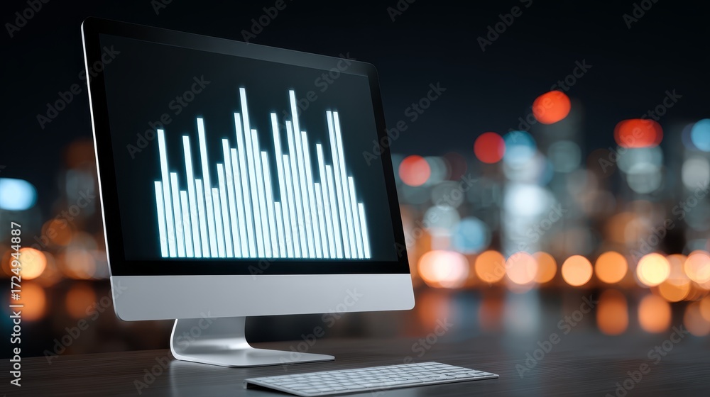 Poster exploring the visual symphony, sound wave visualization on a computer monitor in modern digital envi