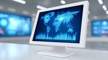 Fototapeta premium Global connectivity, exploring the world through a computer screen displaying detailed world map.