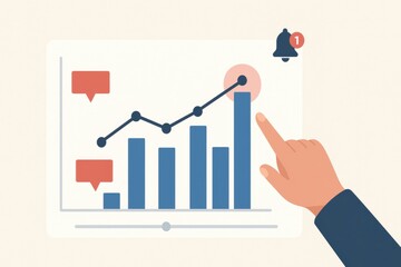 Cartoon hand tapping bar chart peak with notification alert and rising growth line
