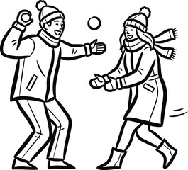 Man and woman enjoy a playful snowball fight in winter clothing outdoors on transparent background
