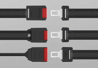 Modern seatbelts set isolated on transparent background. Vector realistic illustration of car plane seat belts for passenger safety, injury prevention in accident, warning instruction design elements