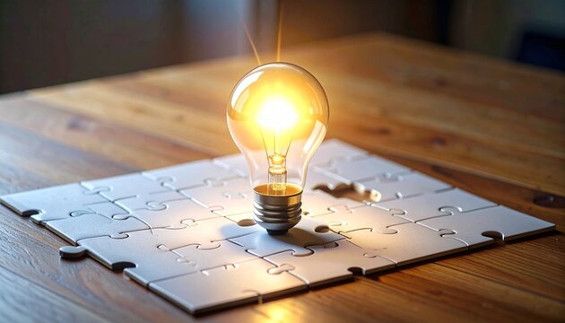 Glowing light bulb embedded in completed jigsaw puzzle—warm light on wooden surface—evokes crafted insight, symbolic synthesis, and the rhythm of realization, creativity, and problem-solving unity.