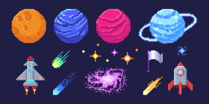 Retro pixel planet set with colorful worlds, spaceships and cosmic elements for game design. Saturn with ring and rocket, comet and stars with galaxy spiral. 8 bit space elements for arcade interface
