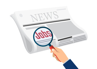 Hands hold magnifying glasses search for job on news paper stock illustration