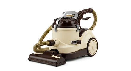 A vintage canister vacuum cleaner in beige and brown with hose on a white background studio shot ai generated