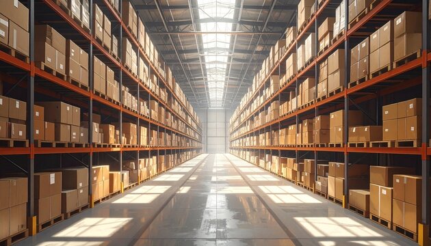 Warehouse interior—tall shelves stacked with cardboard boxes, central aisle stretching into distance, polished floor reflecting light—evokes crafted order, symbolic scale, and the rhythm of logistics 