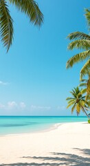 Escape to paradise with this stunning tropical beach featuring white sand, turquoise water, and swaying palm trees under a clear blue sky