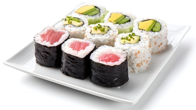 Assorted Maki Sushi Rolls with Tuna, Avocado, and Cucumber on a White Square Plate - Powered by Adobe