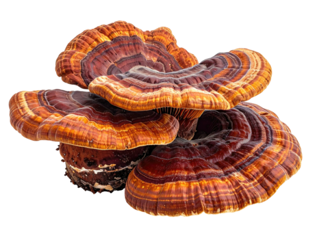 Close-up of a cluster of vibrant orange-brown and reddish-brown fungi with layered, intricate patterns