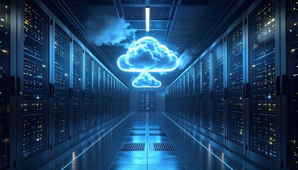 Neon cloud icon floats above reflective floor—framed by rows of server racks in futuristic data center—evokes crafted infrastructure, symbolic access, and the rhythm of digital flow and ambient intell