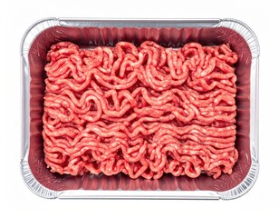 Overhead view of a rectangular aluminum tray containing a mound of fresh, raw ground beef