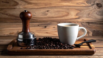 Coffee cup, beans, and tamper on wooden board