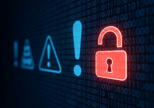 Cybersecurity data breach warning digital risk open padlock binary code