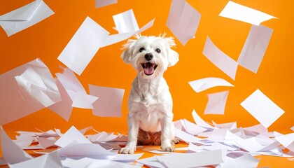 White dog sits calmly amid airborne sheets of paper—orange backdrop intensifies contrast—evokes crafted whimsy, symbolic disruption, and the rhythm of fluffy stillness and chaotic motion.