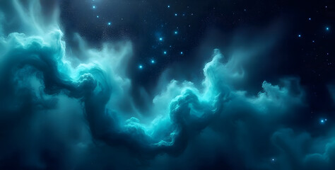 Vibrant blue nebula with glowing cosmic clouds and distant stars