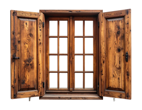 Aged, wooden window with shutters open, displaying small panes of glass