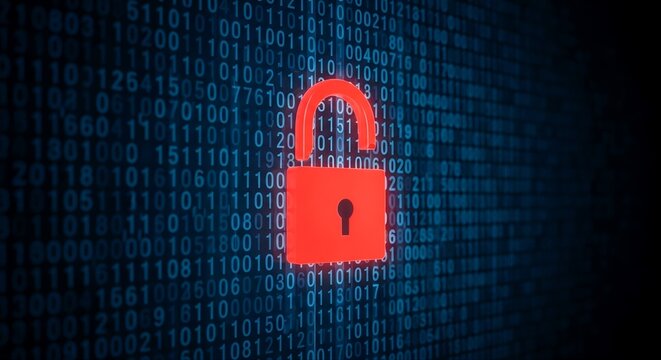 Digital Security Padlock on Binary Code Background Cyber Protection