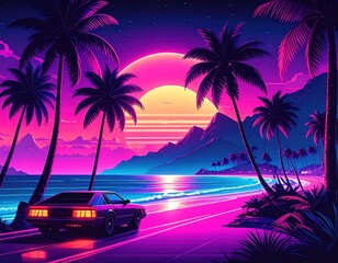 Synthwave Sunset 80s Car on Beach Road with Palms  Mountains.