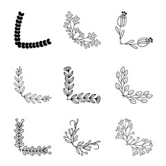 hand drawn flower corner borders. Fancy page decoration. laurel design elements.