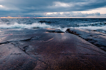 Landscape of the archipelago in gulf botahnian bay. High coast in north of Sweden
