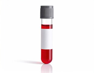 A clear glass test tube with a grey cap contains a sample of bright red liquid; a blank white label is affixed to the tube
