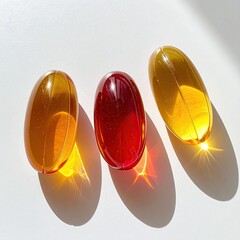 Three translucent capsules, amber, gold, and ruby red, cast shadows on a white background, showcasing their oily contents and glossy surfaces