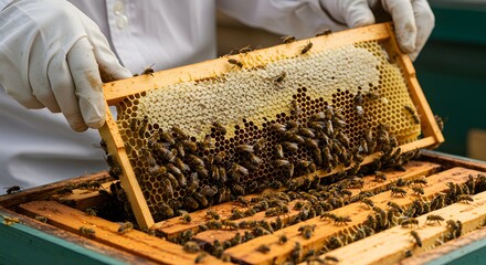 A beekeeper carefully inspects a honeycomb frame filled with active bees, examining their work.