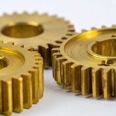 Three brass gears interlock on a white background, showcasing intricate details and a polished, golden sheen