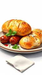 Two golden-brown oblong rolls sit atop a plate with two grilled sausages, garnished with herbs and ketchup, accompanied by a plain napkin