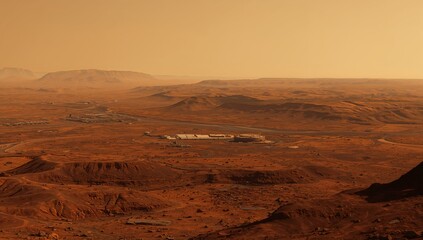 Expansive view of futuristic colony structures upon the Mars-like desert landscape, featuring rugged hills, distant mountains, and warm orange lighting under a hazy sky