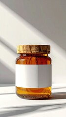 Amber glass jar with a wooden lid and blank white label, illuminated by sunlight casting shadows on a white surface